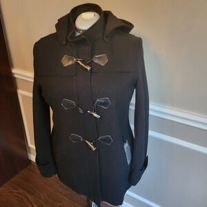 Liz Clairborne Duffle Coat Women's L Black Hoodie Pockets Wool Polyester Winter